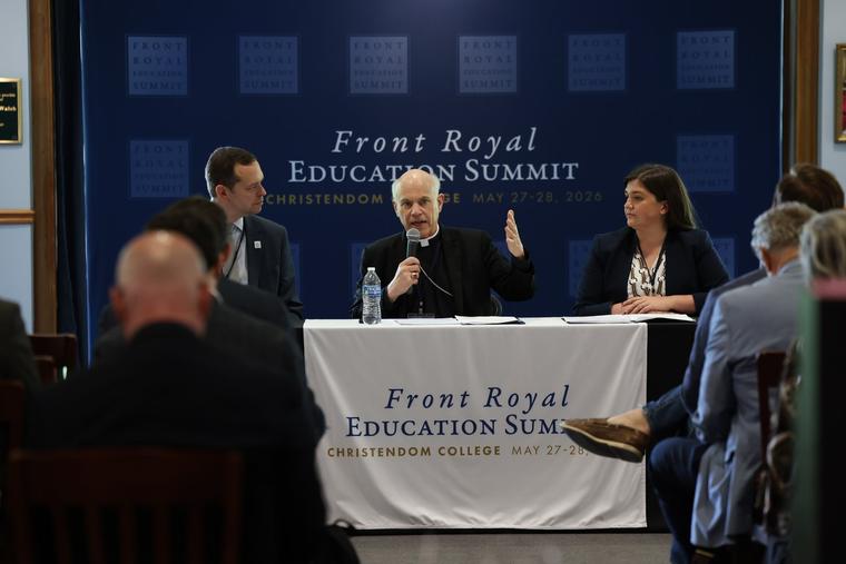 rchbishop Salvatore Cordileone of San Francisco, center, speaks at a panel in May 2026 on Catholic education at the Front Royal Summit where Catholic educators are calling for reform.