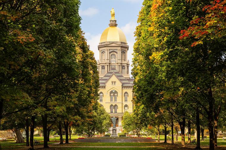 The Golden Dome atop the Main Building is the iconic symbol of the University of Notre Dame in South Bend, Indiana.