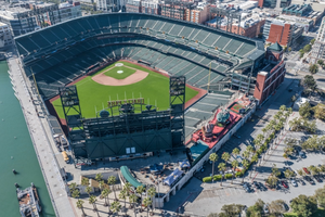 Aerial view of Oracle Park baseball stadium, home of the San Francisco Giants.