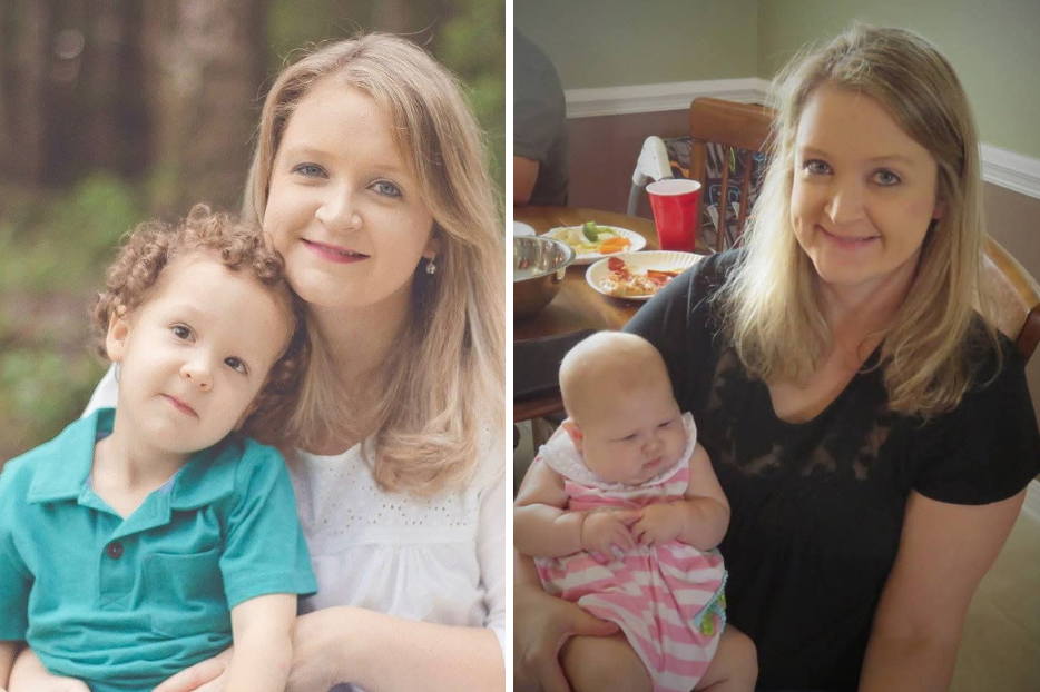 Jen Romano holds little Jordan (L) and a very small Stella.