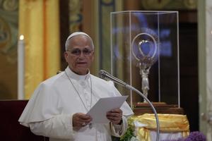 Pope Leo XIV speaks beside the heart of St. Frances Xavier Cabrini in Sant’Angelo Lodigiano, Italy, on June 20, 2026. 