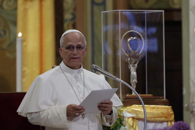 Pope Leo XIV speaks beside the heart of St. Frances Xavier Cabrini in Sant’Angelo Lodigiano, Italy, on June 20, 2026. 