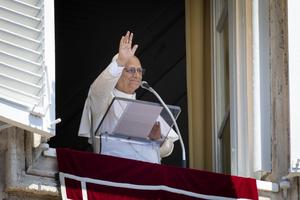 Pope Leo XIV greets pilgrims gathered in St. Peter's Square at the Vatican for recitation of the Angelus on June 21, 2026. 