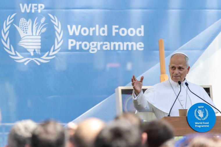 Pope Leo XIV delivers remarks at the headquarters of the UN World Food Programme (WFP) in Rome on June 22, 2026. 