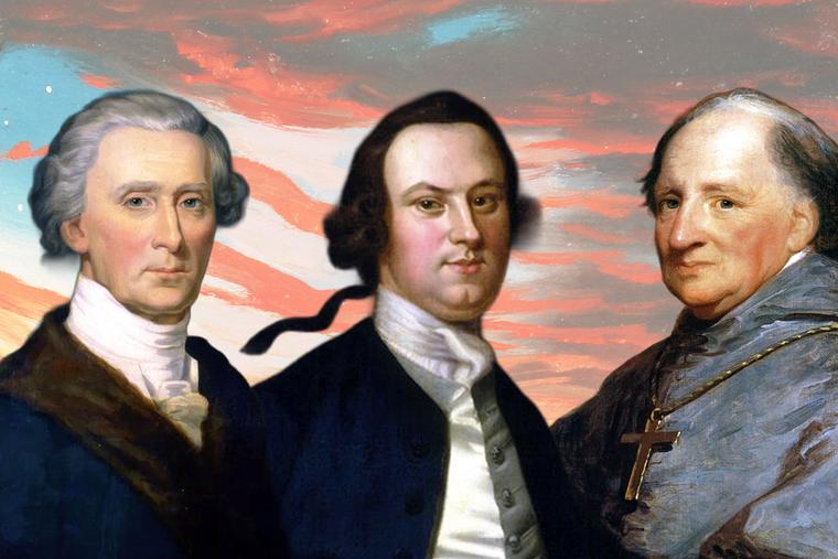 L to R: Portraits of Charles Carroll by Michael Laty (1846), Daniel Carroll by John Wollaston (1753) and Archbishop John Carroll by Gilbert Stuart (1806). Background: Frederic Edwin Church, “Our Banner in the Sky” (1861).