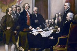 Detail of John Trumbull’s 1819 painting “Declaration of Independence,” detailing the five-man drafting committee — John Adams, Roger Sherman, Robert Livingston, Thomas Jefferson and Benjamin Franklin — presenting the Declaration to John Hancock and the Congress.