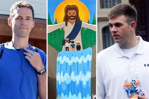 Matt Schoenecker (l) and Matt Anthony (r), who posthumously received the Carnegie Medal for heroism after attempting to rescue friend Valentino Creus, are pictured alongside a painting by Jacob Blaszczyk depicting the three men with Jesus after their deaths.
