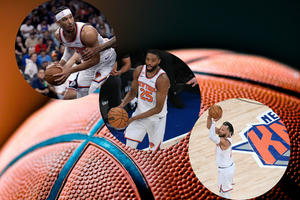 Top to bottom: Josh Hart, No. 3; Mikal Bridges, No. 25; and Jalen Brunson, No. 11, play on the court March 9, 2026, and during Game 3 of the NBA Finals on June 8, 2026, for the New York Knicks — and they all played for Pope Leo’s alma mater during college.