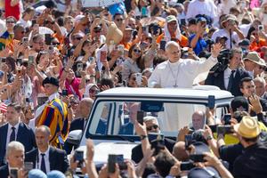 Pope Leo XIV greets pilgrims gathered for his weekly public audience in St. Peter's Square at the Vatican on June 24, 2026. 