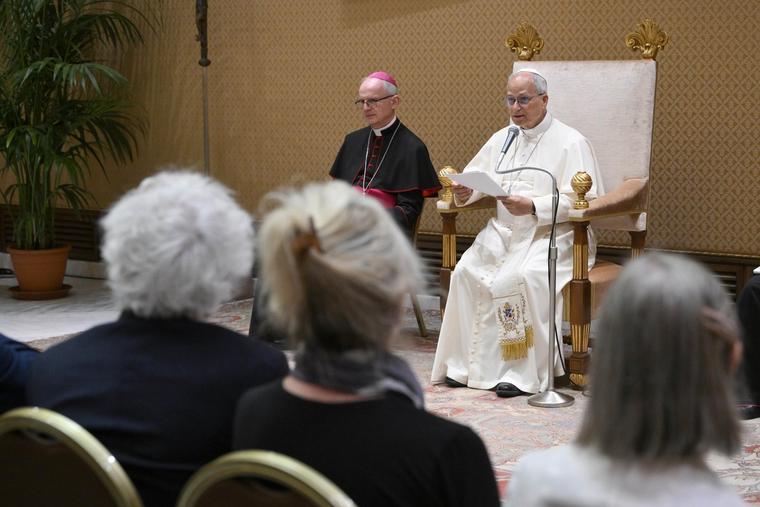 Pope Leo XIV addresses an audience of 28 writers from around the world, including Americans Marilynne Robinson, Elizabeth Strout, Phil Klay, Jonathan Safran Foer, and Paul Elie, at the Vatican on June 24, 2026. 