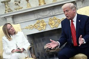 President Donald Trump meets with Italian Prime Minister Giorgia Meloni in the Oval Office of the White House in Washington, DC, on April 17, 2025.