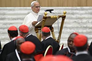 Pope Leo XIV addresses 178 cardinals on the first of two days of discussions for the second extraordinary consistory of cardinals, held in the Vatican's Paul VI Hall on June 26, 2026. 