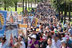 Thousands of faithful march through downtown Boston during a Eucharistic procession, June 27, 2026. The event was part of the National Eucharistic Pilgrimage taking place up and down the East Coast. 