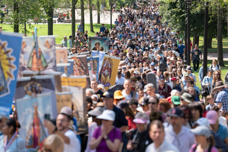 Thousands of faithful march through downtown Boston during a Eucharistic procession, June 27, 2026. The event was part of the National Eucharistic Pilgrimage taking place up and down the East Coast. 