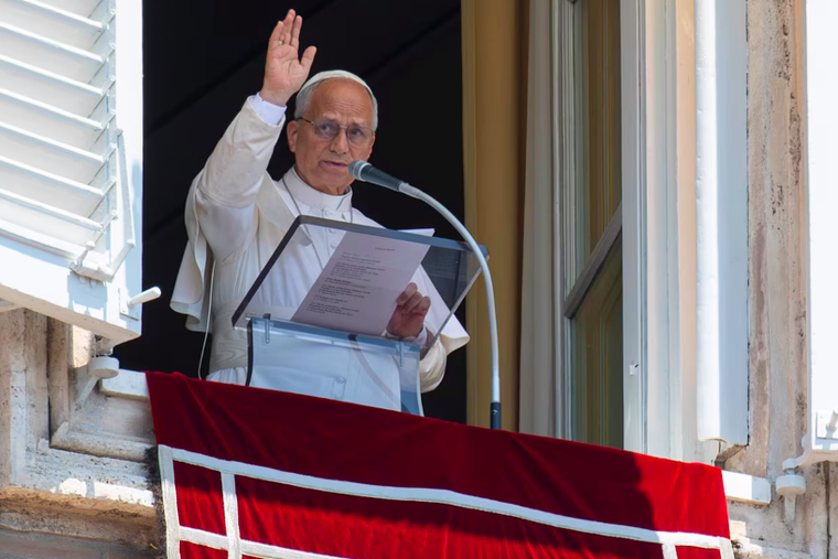 Pope Leo XIV greets pilgrims gathered in St. Peter's Square at the Vatican for the recitation of the Angelus on June 28, 2026. 