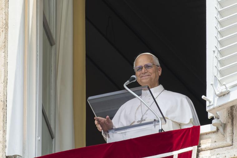Pope Leo XIV leads the Angelus prayer from a window of the Apostolic Palace overlooking St. Peter’s Square on the Solemnity of Sts. Peter and Paul on June 29, 2026. 