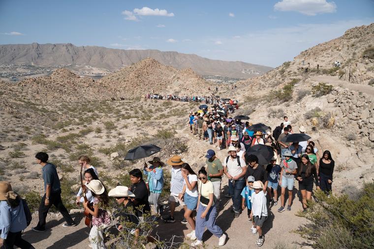 Pilgrims hike to the top of Mount Cristo Rey for Mass in the Diocese of Las Cruces, New Mexico, on June 28, 2026. The mountain has become the site of a dispute between the diocese and the federal government over the seizure of land for a border wall.