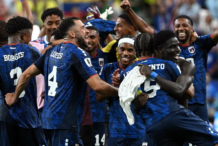 Cape Verde players celebrate after the 2026 World Cup Group H football match between Cape Verde and Saudi Arabia in Houston on June 26, 2026. The game finished 0-0. 