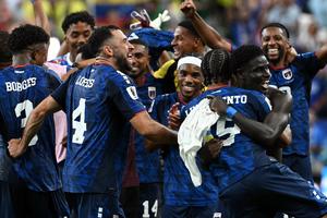 Cape Verde players celebrate after the 2026 World Cup Group H football match between Cape Verde and Saudi Arabia in Houston on June 26, 2026. The game finished 0-0. 