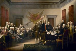 John Trumbull’s painting, ‘Declaration of Independence,’ depicts the five-man drafting committee presenting their work to Congress. 