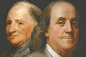 L-R: A portrait of Archbishop John Carroll by Gilbert Stuart and painting of Benjamin Franklin, ca. 1785, by Joseph-Siffred Duplessis
