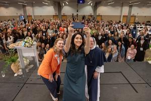 (L-R) Jennifer Cole-Shaefer, Executive Director of GIVEN, Montse Alvarado, President and COO of EWTN News, and Sister Mary Gabriel Devlin, GIVEN Board Chair, pose for a selfie with the 2026 GIVEN Forum participants.