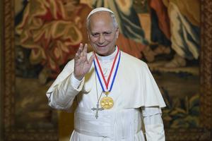 Pope Leo XIV delivers remarks upon accepting the 2026 Liberty Medal in a livestreamed ceremony between the Vatican and the National Constitution Center in Philadelphia on July 3, 2026.