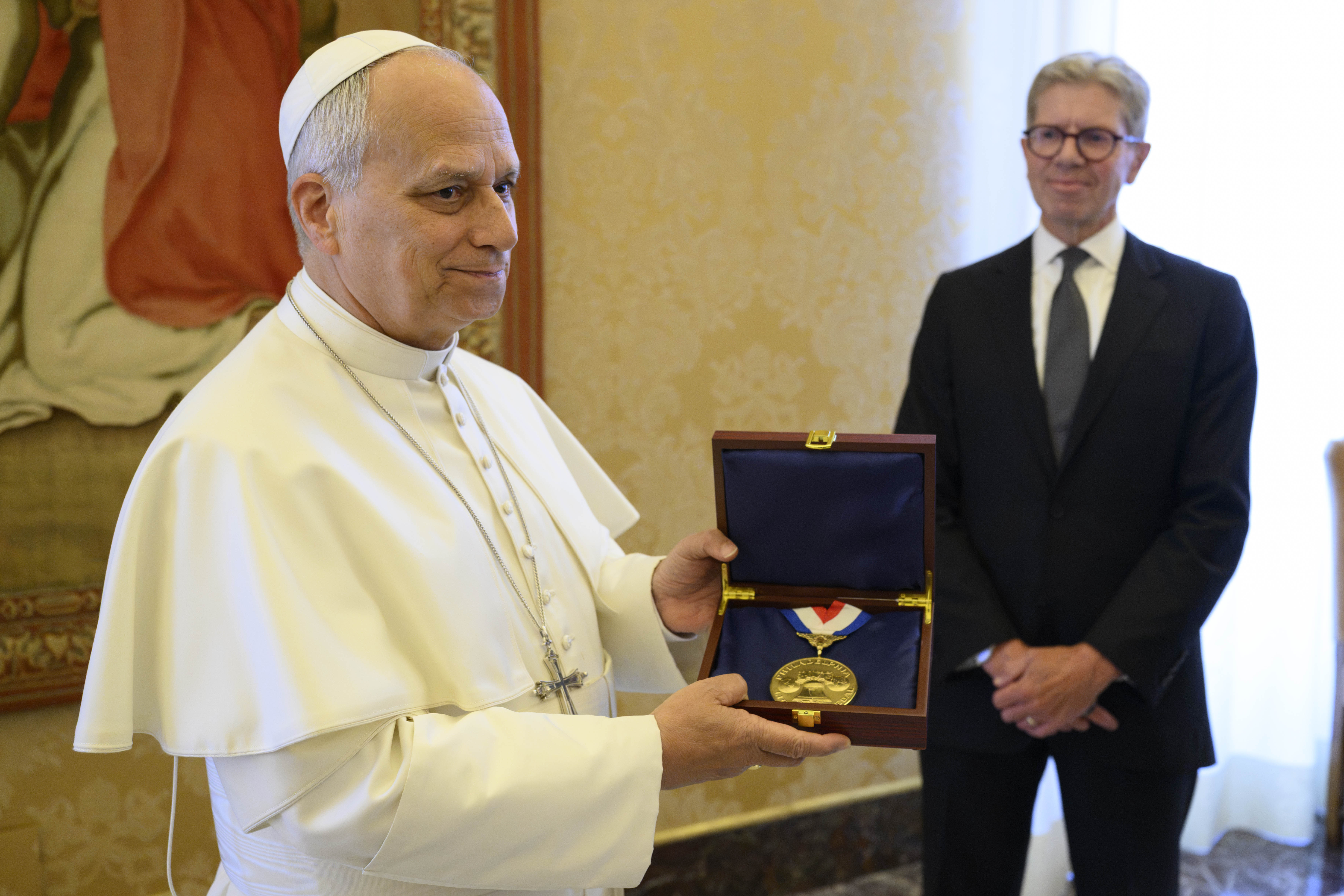 Pope Leo XIV delivers remarks upon accepting the 2026 Liberty Medal in a livestreamed ceremony between the Vatican and the National Constitution Center in Philadelphia on July 3, 2026. | Credit: Vatican Media
