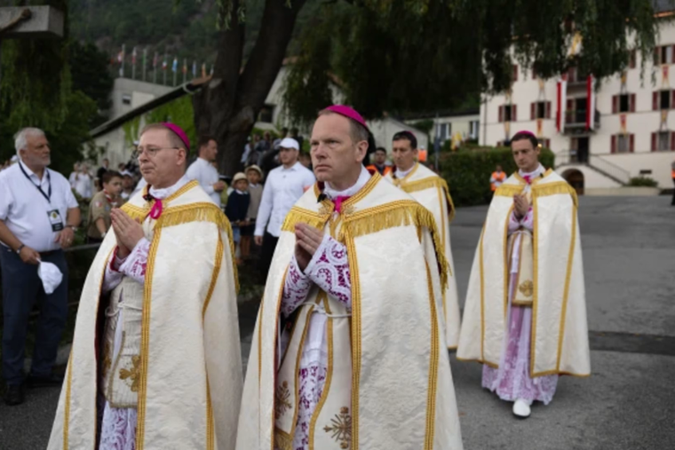 Society of St. Pius X clergy process during the consecration ceremony of four new bishops of the society on July 1, 2026, in Ecône, Switzerland. 