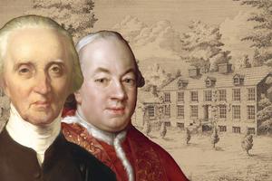 From left: Chester Harding, “Charles Carroll of Carrollton,” ca. 1828, National Gallery of Art, Washington, D.C. Pompeo Batoni, “Pope Pius VI,” 1775, National Gallery of Ireland, Dublin. “Old St. Joseph's Church in Philadelphia,” 1740, Catholic Historical Research Center of the Archdiocese of Philadelphia.