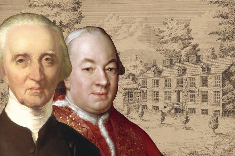 From left: Chester Harding, “Charles Carroll of Carrollton,” ca. 1828, National Gallery of Art, Washington, D.C. Pompeo Batoni, “Pope Pius VI,” 1775, National Gallery of Ireland, Dublin. “Old St. Joseph's Church in Philadelphia,” 1740, Catholic Historical Research Center of the Archdiocese of Philadelphia.
