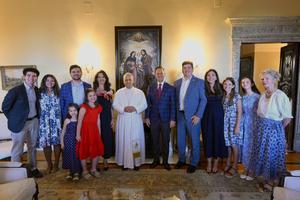 Pope Leo XIV with U.S. Ambassador Brian Burch and his family at the ambassador's residence on July 4, 2026. U.S. Embassy to the Holy See