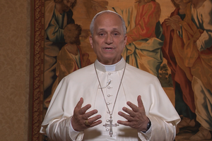Pope Leo XIV speaks via a video address to the Eucharistic pilgrimage at its concluding Mass in Philadelphia, July 5, 2026.