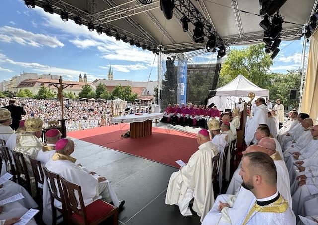 Bishops concelebrate the national pilgrimage Mass for the feast of Sts. Cyril and Methodius in Svätoplukovo Square in Nitra, Slovakia, on July 4, 2026. 