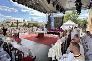 Bishops concelebrate the national pilgrimage Mass for the feast of Sts. Cyril and Methodius in Svätoplukovo Square in Nitra, Slovakia, on July 4, 2026. 
