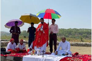 Father Yousaf Yaqoob celebrates Mass at the throne of St. Thomas at Sirkap in Taxila, Pakistan, on July 4, 2026. | Credit: Photo courtesy of Sagar Rahat