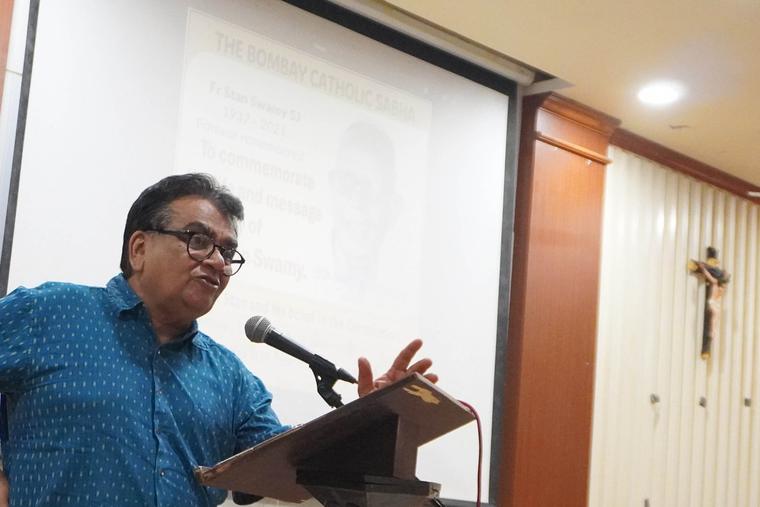 Senior advocate Mihir Desai, who led Father Stan Swamy’s legal defense, speaks at a memorial for the priest in Mumbai on July 5, 2026. 