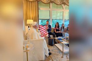 Pope Leo XIV with U.S. Ambassador Brian Burch and his family at the ambassador’s residence in Rome on July 4, 2026. 