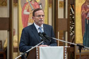 Australian Prime Minister Tony Abbott speaks during a meeting with Ukrainian President Petro Poroshenko in Melbourne, Australia, on Dec. 11, 2014. 