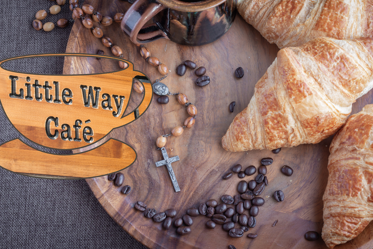 Inset: The Little Way Café sign, stylized, at St. Louis Catholic Church in Alexandria, Virginia. The parish joins others in offering good coffee and good company.