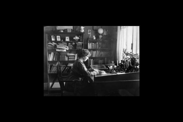 Sigrid Undset, author of “Kristin Lavransdatter,” writes at Bjerkebæk, her home in Lillehammer, Norway. 