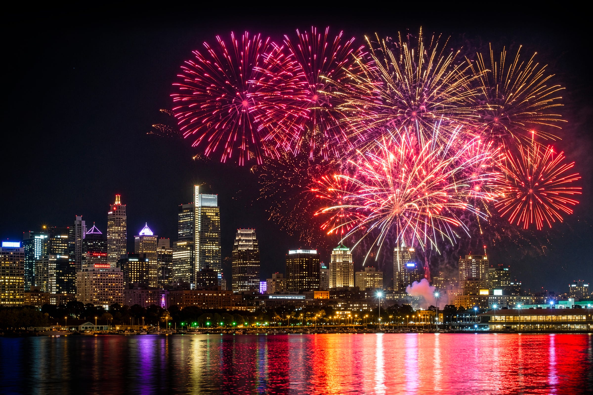 Fireworks light up the skyline.