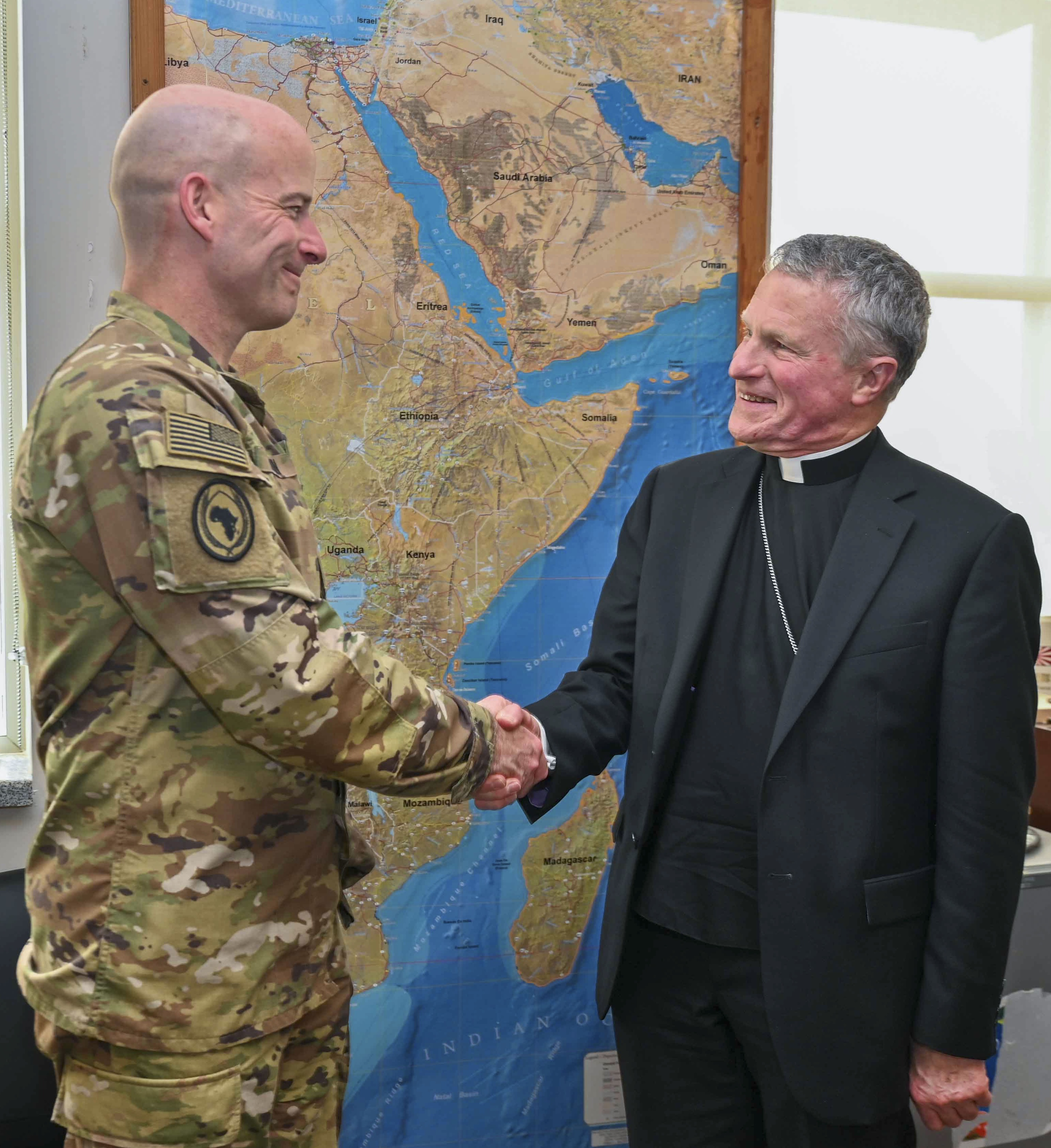 Last December, Archbishop Timothy Broglio visited the only permanent U.S. military base in Africa, Camp Lemonnier in Djibouti, on the continent’s east coast. He met with U.S. Army Maj. Gen. Matthew Brown, commander of the Combined Joint Task Force-Horn of Africa. China, France, Japan, and Italy also operate military bases in Djibouti. Photo by Sgt. Vivian Ainomugisha