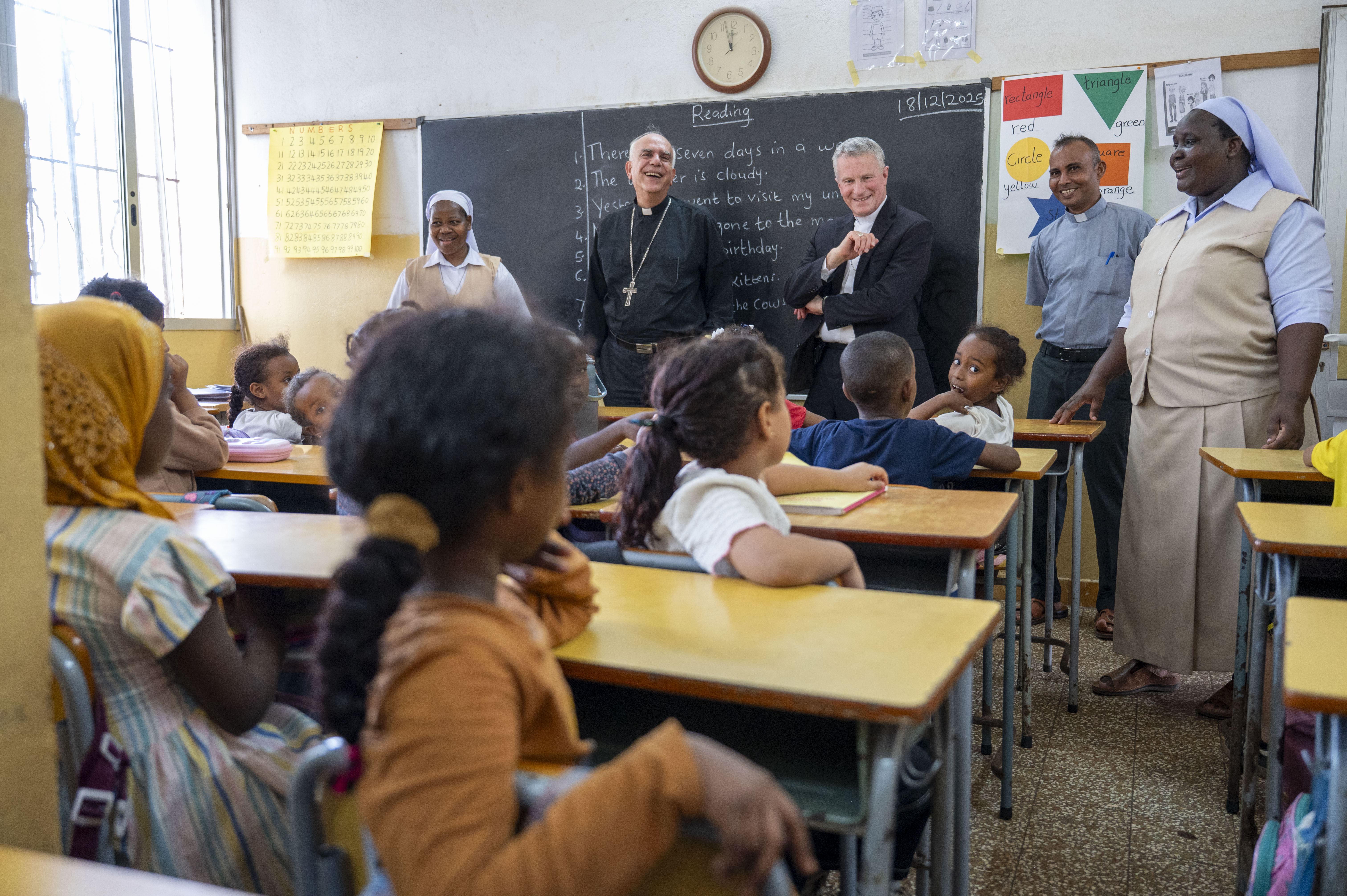 While in Djibouti, Africa’s smallest country with 1.1 million citizens, Archbishop Broglio visited a local Catholic school, together with Bishop Jamal Daibes, the country's only bishop, who was appointed by Pope Francis in 2024. Photo by Senior Airman Michelle Ferrari