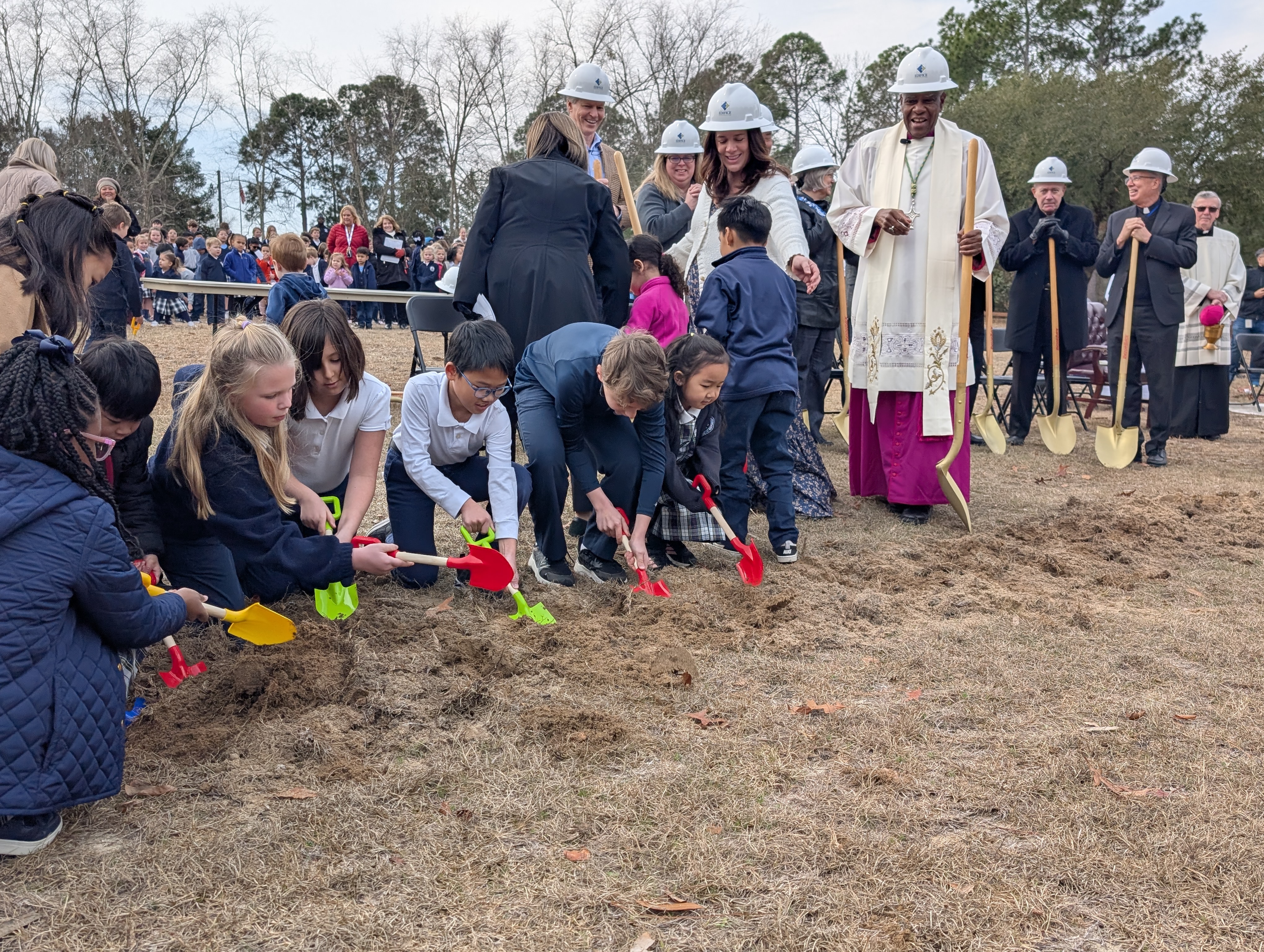 Children help break ground for the new church building at St. John Neumann Catholic Church in Columbia, South Carolina, on March 2, 2026. (Photo by Nicci Marken / Courtesy of the Diocese of Charleston)