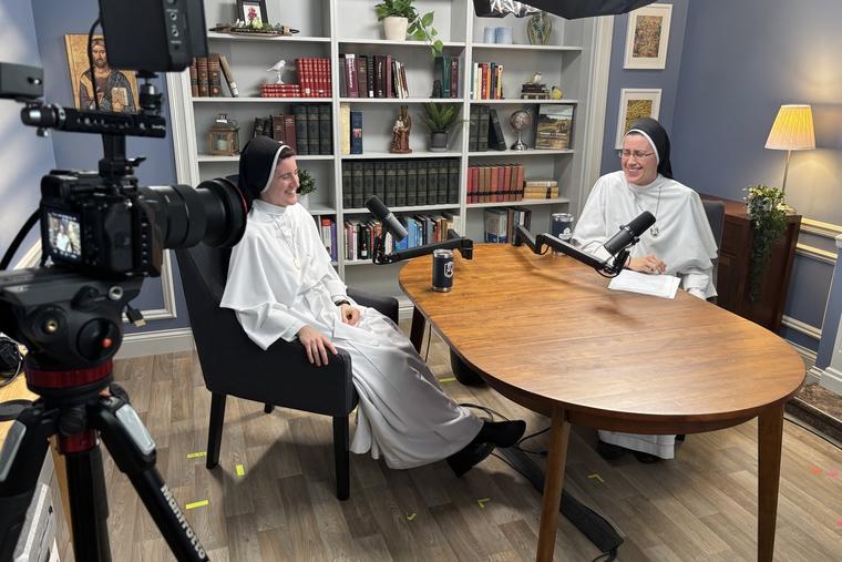 Podcast host Dominican Sister Miriam Holzman, at right, and Dominican Sister Mary Dominic enjoy their conversation on ‘Dominican Sisters Open Mic.’ 