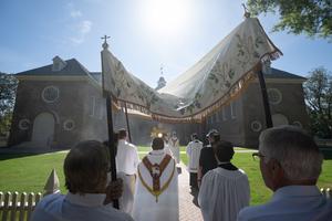 The 2026 National Eucharistic Pilgrimage approaches the College of William and Mary’s Wren Building, the oldest academic building in continuous use in the United States, on June 5, 2026, in Williamsburg, Virginia. 