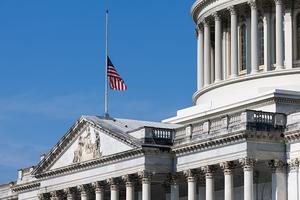 The U.S. flag is flown at half-staff over the U.S. Capitol in honor of the late U.S. Sen. Lindsey Graham, R-South Carolina, on July 13, 2026, in Washington, D.C. 