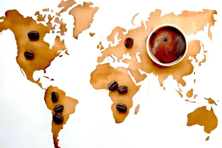 World map, painted with espresso
