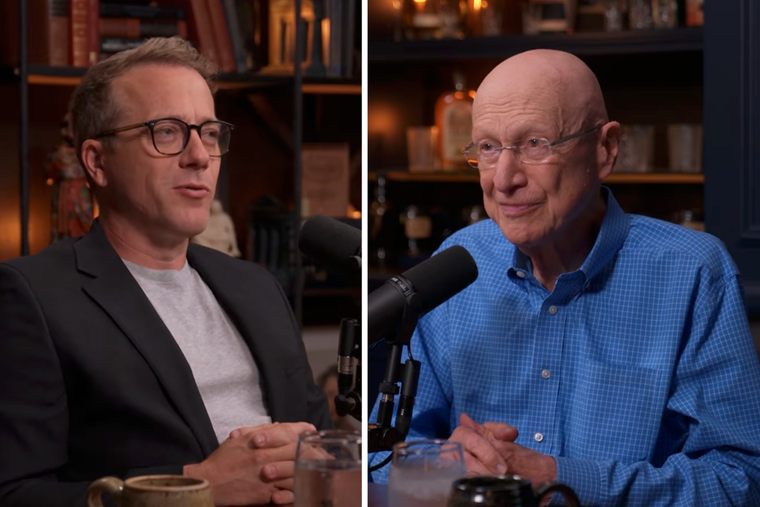 Matt Fradd (l) talks with Peter Kreeft (r) on his podcast, ‘Pints with Aquinas.’